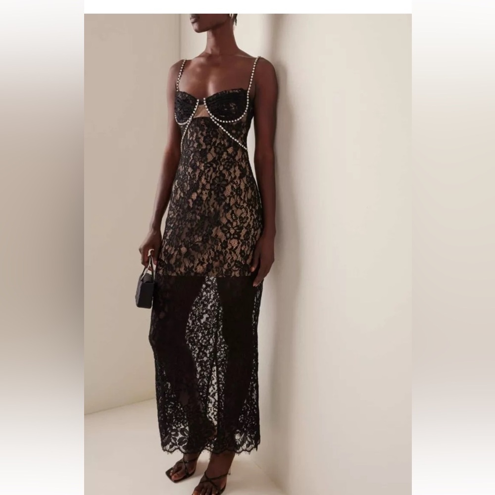 Self Portrait Black Lace Rhinestone Embellished Shoulder Strap Long Dress NWOT - Picture 4 of 14